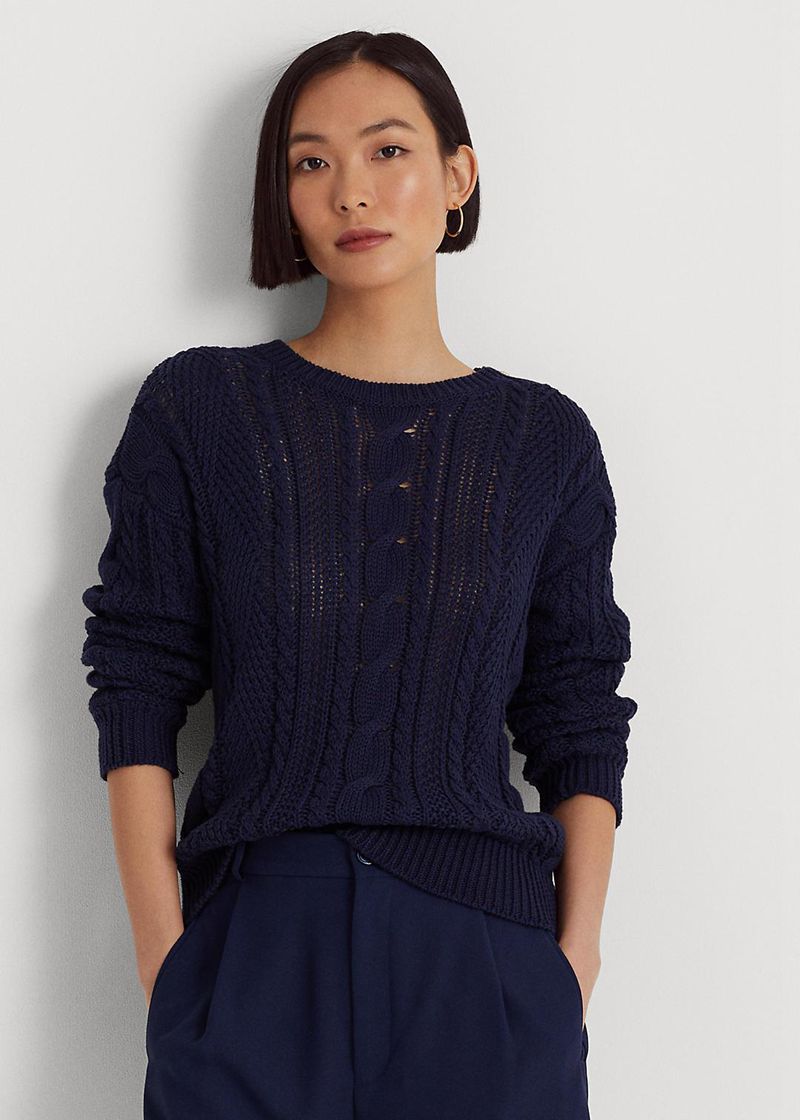 ローレン セーター レディース ネイビー Aran-knit コットン ジャンパー DVRJQ6257
